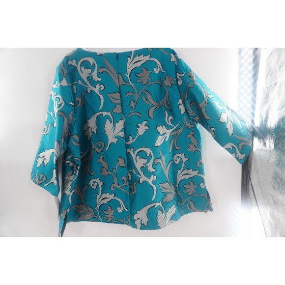 Caroline Rose NWT Turquoise Blue & Silver Damask Floral Blouse Plus Size 3X - Picture 3 of 13